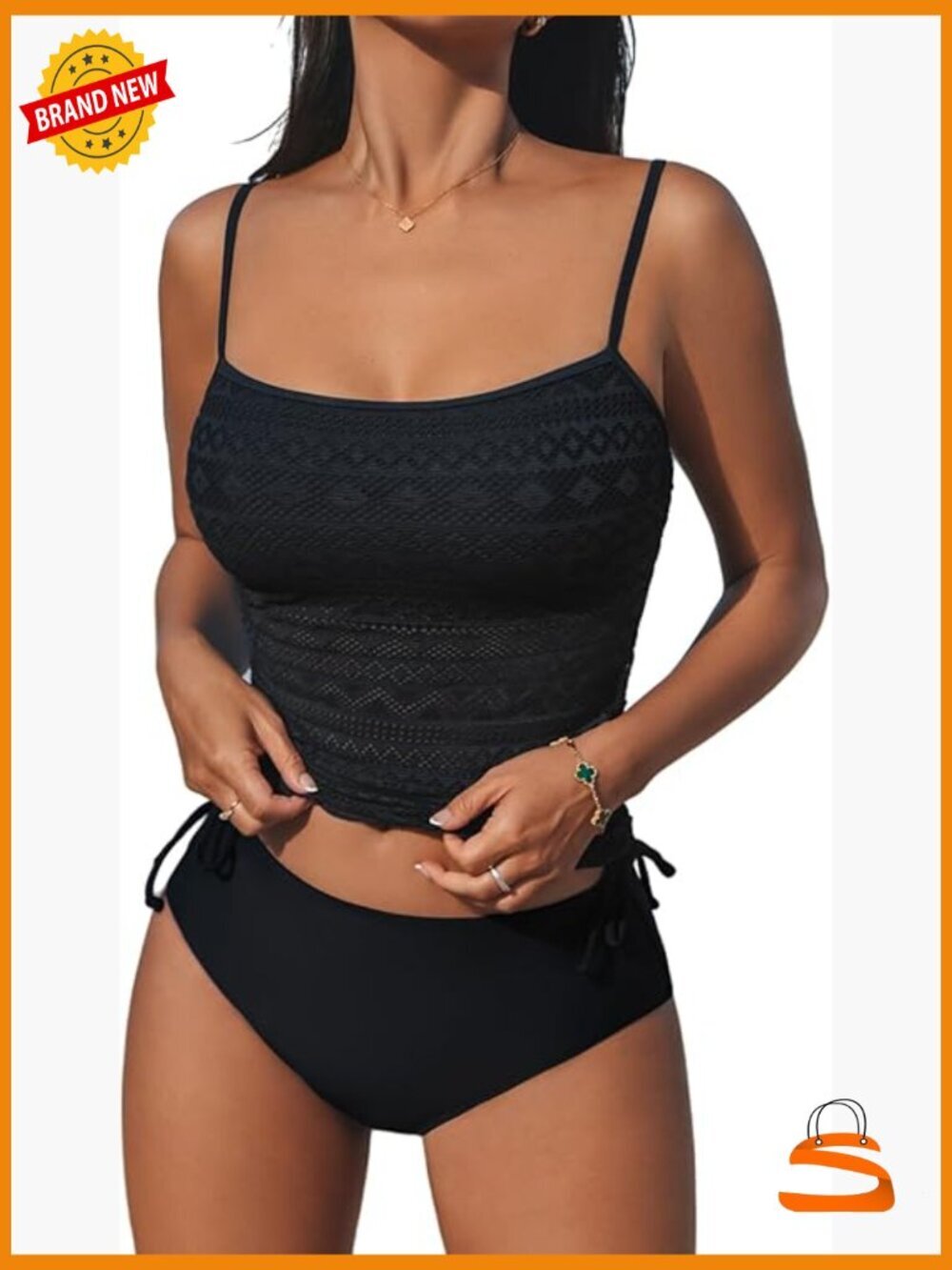 Women's Tankini Set Square Neck Mesh Bathing Suit Adjustable Straps